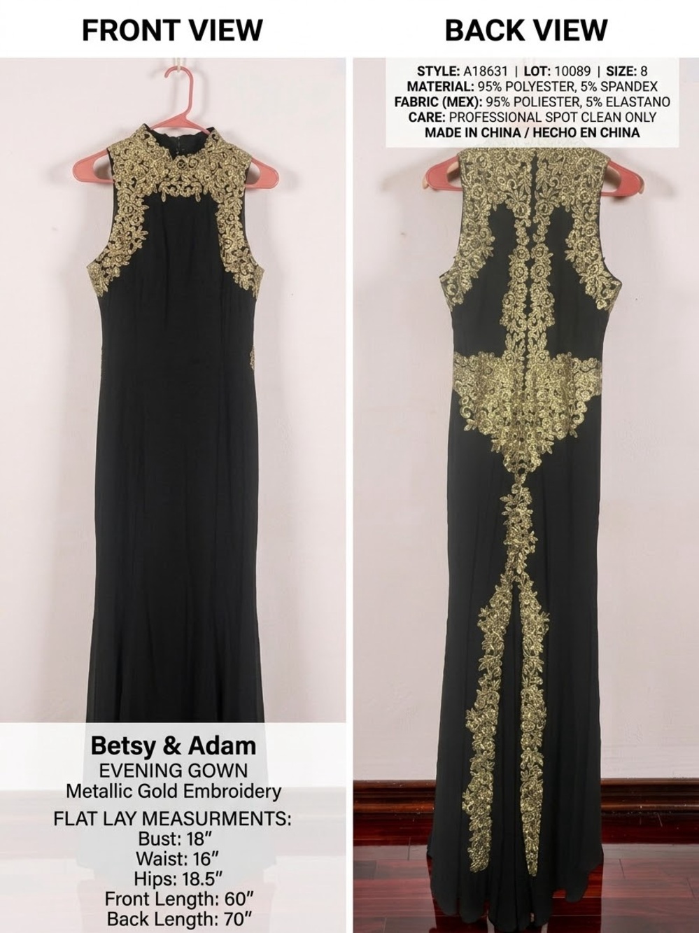 Betsy & Adam Gold Embroidery High Neck Gown Dress Size 8 Black Evening Prom